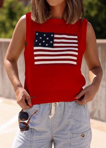 Ezbelle Crop Sweaters Vest Women's Summer Tank Tops Sleeveless Flag Sweater | Fall Shirts Country Concert Outfits Ladies Red Tops Knit Shirts Work Office Trendy Embroidered Sweaters Fashion in Kuwait