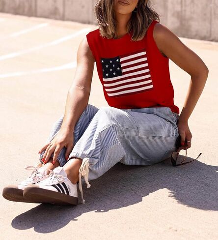 Ezbelle Crop Sweaters Vest Women's Summer Tank Tops Sleeveless Flag Sweater | Fall Shirts Country Concert Outfits Ladies Red Tops Knit Shirts Work Office Trendy Embroidered Sweaters Fashion in Kuwait