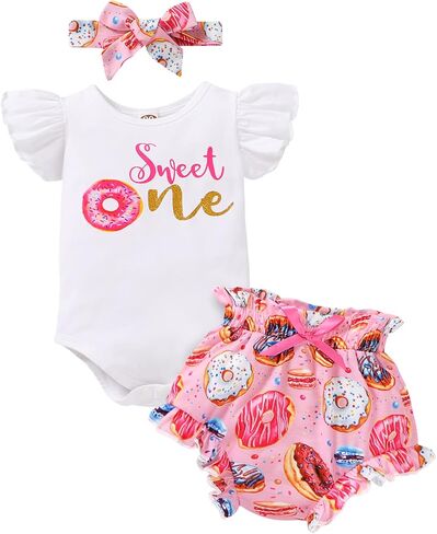 YOUNGER TREE Infant Baby Girl 1st Birthday Outfits Bumble Bee Printed One Romper Shorts Headband Summer Ruffle Sleeve Clothes in Kuwait
