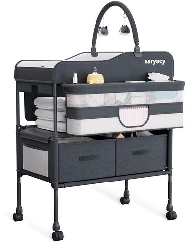 Baby Changing Table, Mobile Folding Diaper Changing Station | Adjustable Height, Waterproof Surface, 2 Storage Drawers, Rolling Baby Nursery Organizer for Infant and Newborn in Kuwait