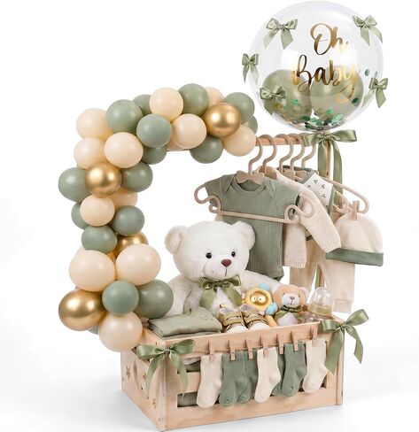 Wooden Baby Shower Crate Closet with Hanger Rack, Blue Bow Baby Gifts Basket with Balloon Accessories, DIY Babies Welcome Box for Pregnancy New Parent in Kuwait
