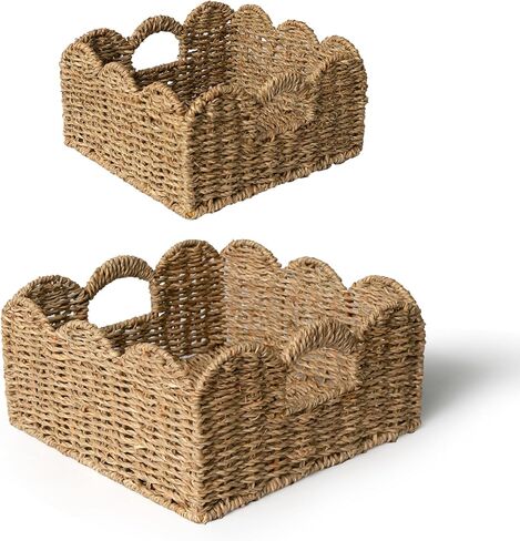KOKODO Set of 2 Scallop Woven Wicker Baskets, Handcrafted Scalloped Storage Basket with Decorative Scalloped Edge for Living Room, Bedroom, Nursery in Kuwait