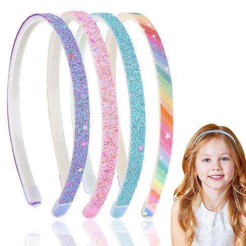4PCS Glitter Headband,Toddler Girl Headbands,Sparkly Cute Non Slip Kids Headbands,Plastic Bling Rainbow Hair Bands with Teeth,Colorful Hair Accessories for Little Girls (Style A) in Kuwait