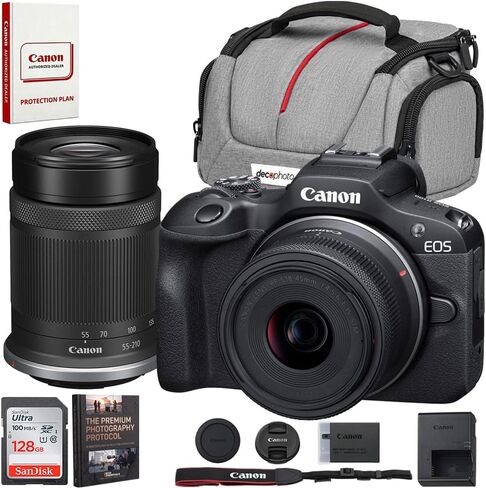 Canon EOS R100 Mirrorless Camera Body with RF-S 18-45mm F4.5-6.3 is STM Lens 6052C012 Bundle with Double Battery, Memory Card, Deco Gear Deluxe Case and Mini Tripod & Accessories in Kuwait