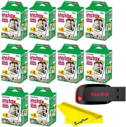 Fujifilm Instax Mini Instant Camera Film with Sandisk 32 GB USB Flash Drive + 5 x Mini Twin Packs (100 Sheets) and Buzz-Photo Microfiber Cleaning Cloth in Kuwait