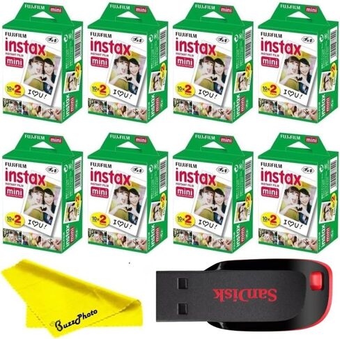 Fujifilm Instax Mini Instant Camera Film with Sandisk 32 GB USB Flash Drive + 6 x Mini Twin Packs (120 Sheets) and Buzz-Photo Microfiber Cleaning Cloth in Saudi Arabia