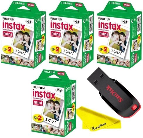 Fujifilm Instax Mini Instant Camera Film with Sandisk 32 GB USB Flash Drive + 6 x Mini Twin Packs (120 Sheets) and Buzz-Photo Microfiber Cleaning Cloth in Saudi Arabia
