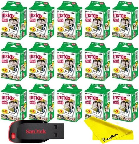 Fujifilm Instax Mini Instant Camera Film with Sandisk 32 GB USB Flash Drive + 6 x Mini Twin Packs (120 Sheets) and Buzz-Photo Microfiber Cleaning Cloth in Saudi Arabia