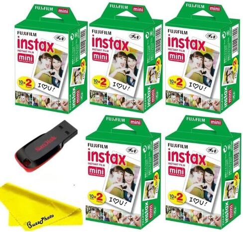 Fujifilm Instax Mini Instant Camera Film with Sandisk 32 GB USB Flash Drive + 6 x Mini Twin Packs (120 Sheets) and Buzz-Photo Microfiber Cleaning Cloth in Saudi Arabia