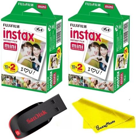 Fujifilm Instax Mini Instant Camera Film with Sandisk 32 GB USB Flash Drive + 6 x Mini Twin Packs (120 Sheets) and Buzz-Photo Microfiber Cleaning Cloth in Saudi Arabia