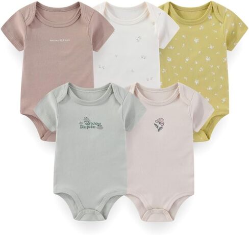 5 Pack Unisex Baby Boy Girl Rompers Cotton Infant Bodysuits | unisex short sleeve,100%cotton,soft & breathable,envelope neckline,bottom snap closure,easy diaper changes, everyday wear in Kuwait
