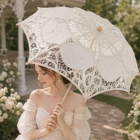 LOGOFUN Lace Parasol Umbrella Vintage Battenburg Embroidered Bridal for Wedding Photography Props Victorian Gothic Costume Accessories Beige in Kuwait