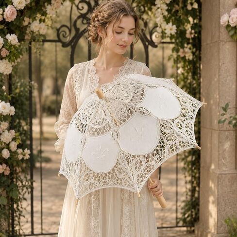 LOGOFUN Lace Parasol Umbrella Vintage Battenburg Embroidered Bridal for Wedding Photography Props Victorian Gothic Costume Accessories Beige in Kuwait