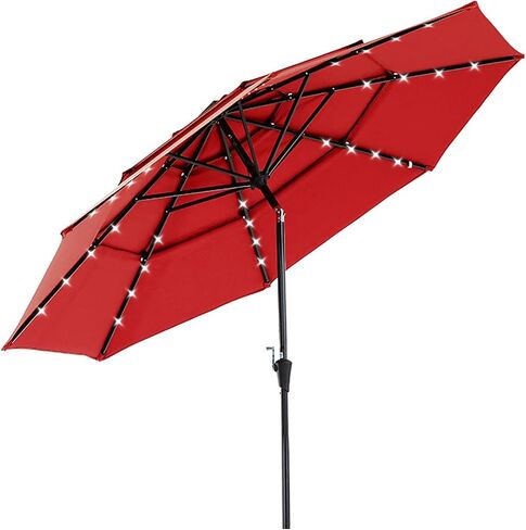 DUMOS Outdoor Solar Patio Umbrella 3 Tiers with 32 LED Lights, Beach Market Table Umbrella with Crank and 8 Sturdy Ribs for Pool, Terrace, Restaurant in Kuwait