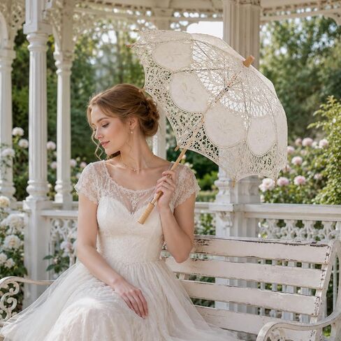 LOGOFUN Lace Parasol Umbrella Vintage Battenburg Embroidered Bridal for Wedding Photography Props Victorian Gothic Costume Accessories Beige in Kuwait