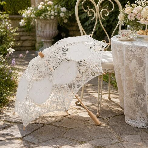 LOGOFUN Lace Parasol Umbrella Vintage Battenburg Embroidered Bridal for Wedding Photography Props Victorian Gothic Costume Accessories Beige in Kuwait