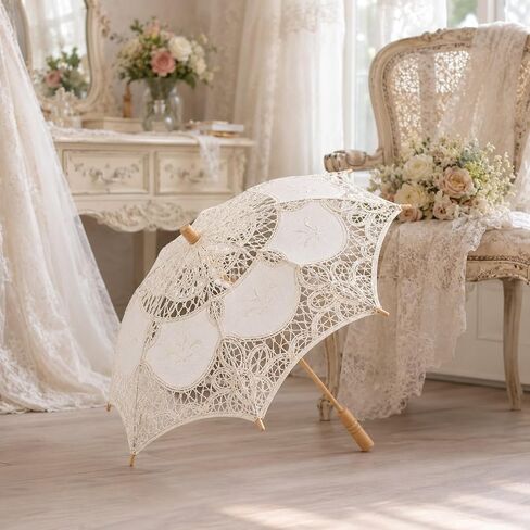 LOGOFUN Lace Parasol Umbrella Vintage Battenburg Embroidered Bridal for Wedding Photography Props Victorian Gothic Costume Accessories Beige in Kuwait