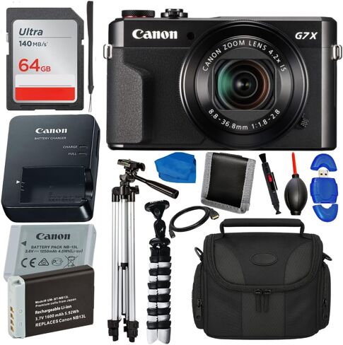 SSE Canon PowerShot G7 X Mark II Digital Camera Black Bundle with 64GB SD Card, Extra Battery, Tripod, Case, and Accessories Renewed in Kuwait