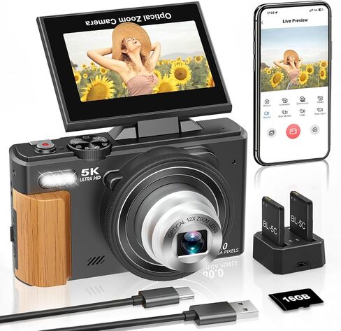 5K Digital Camera for Photography, 80MP Vlogging Camera for YouTube | 12 Optical Zoom, Autofocus, 3" 180° Flip Screen, Retractable Lens, Flash, 16GB Micro SD Card & 2 Batteries in Kuwait