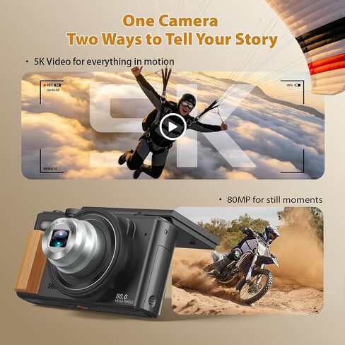 5K Digital Camera for Photography, 80MP Vlogging Camera for YouTube | 12 Optical Zoom, Autofocus, 3" 180° Flip Screen, Retractable Lens, Flash, 16GB Micro SD Card & 2 Batteries in Kuwait