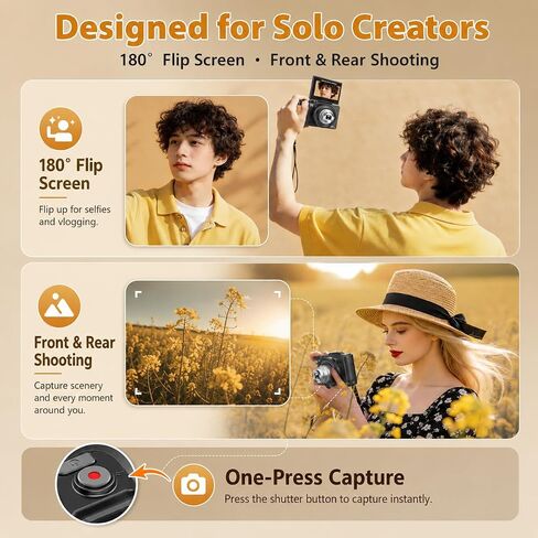 5K Digital Camera for Photography, 80MP Vlogging Camera for YouTube | 12 Optical Zoom, Autofocus, 3" 180° Flip Screen, Retractable Lens, Flash, 16GB Micro SD Card & 2 Batteries in Kuwait