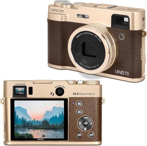 Minolta Retor MND70 48MP Digital Camera, 5K Video, Viewfinder (Gold Brown) | Waterproof design captures photos and HD video at the beach, pool and on outdoor adventures. in Kuwait