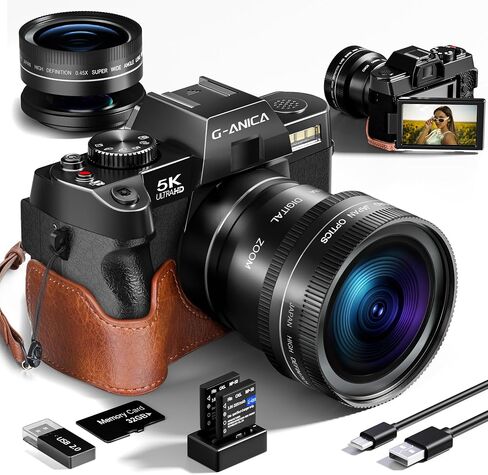 5K&64MP Digital Cameras for Photography, 16X Zoom, WiFi, 180° Flip Screen, Autofocus, Anti-Shake, Wide-Angle & Macro Lens, Built-in Fill Light, PU Leather Case, 64GB Card & 2 Batteries (Black) in Kuwait