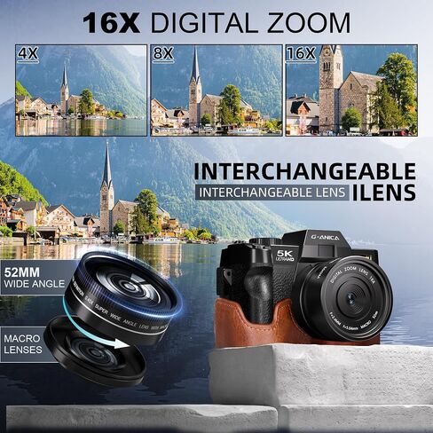 5K&64MP Digital Cameras for Photography, 16X Zoom, WiFi, 180° Flip Screen, Autofocus, Anti-Shake, Wide-Angle & Macro Lens, Built-in Fill Light, PU Leather Case, 64GB Card & 2 Batteries (Black) in Kuwait