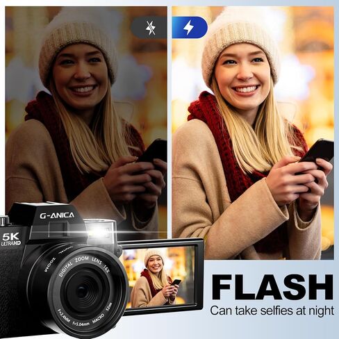 5K&64MP Digital Cameras for Photography, 16X Zoom, WiFi, 180° Flip Screen, Autofocus, Anti-Shake, Wide-Angle & Macro Lens, Built-in Fill Light, PU Leather Case, 64GB Card & 2 Batteries (Black) in Kuwait