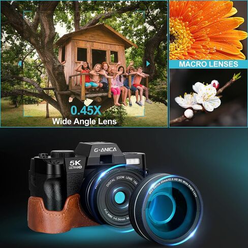 5K&64MP Digital Cameras for Photography, 16X Zoom, WiFi, 180° Flip Screen, Autofocus, Anti-Shake, Wide-Angle & Macro Lens, Built-in Fill Light, PU Leather Case, 64GB Card & 2 Batteries (Black) in Kuwait