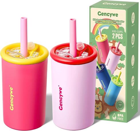 Gencywe Kids Stainless Steel Cups with Straws and lids | 12 oz Spill-Proof Sippy Smoothie Tumbler Set, Small Kids Snack & Drink Water Cups, BPA-Free, Dishwasher Safe, with Box (Age: 3+ years old & up) in Saudi Arabia