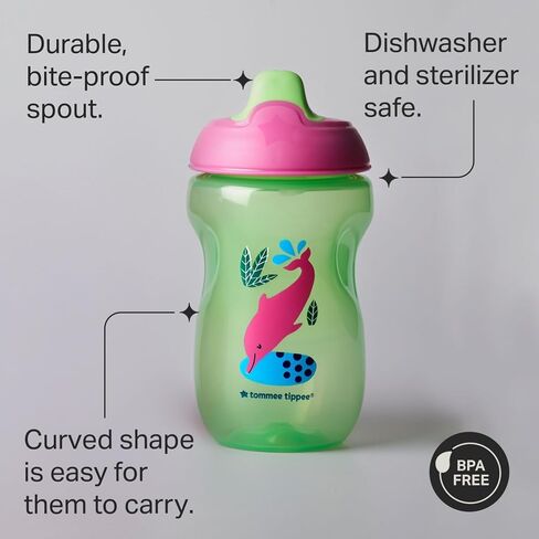 Tommee Tippee Toddler Sippee Cup, Spout, 9m+, Non-Spill, 10oz | Pack of 3, Bite-Resistant Spout, Easy to Hold, Leak-Proof, Red, Purple & Green, BPA Free in Kuwait