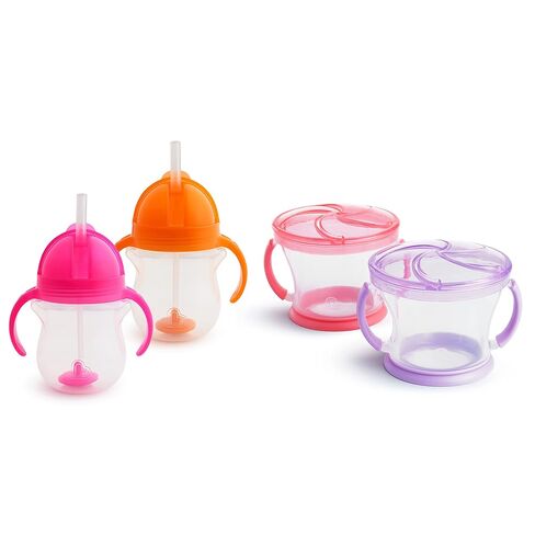 Munchkin Happy Snacker Toddler Cups and Snack Containers - 7oz Any Angle Weighted Straw Trainer Cup and 9oz Snack Catchers, Purple/Pink in Kuwait