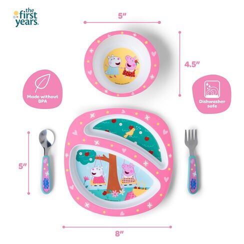 The First Years Peppa Pig Toddler Dinnerware Set - Includes Plate, Divided Bowl, and Utensils - Dishwasher Safe Toddler Feeding Supplies Made Without BPA - 4 Count in Kuwait