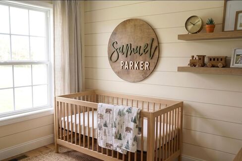 Round Name Sign for Nursery, Baby Name Sign, Wooden Name Plaque for Kids Room Decor, Round 3D Nursery Wall Art, 30 Font Colors, Various Wood Stains, Custom Fonts in Kuwait