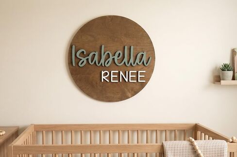 Round Name Sign for Nursery, Baby Name Sign, Wooden Name Plaque for Kids Room Decor, Round 3D Nursery Wall Art, 30 Font Colors, Various Wood Stains, Custom Fonts in Kuwait