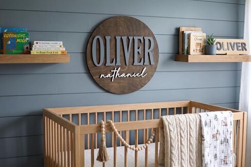 Round Name Sign for Nursery, Baby Name Sign, Wooden Name Plaque for Kids Room Decor, Round 3D Nursery Wall Art, 30 Font Colors, Various Wood Stains, Custom Fonts in Kuwait