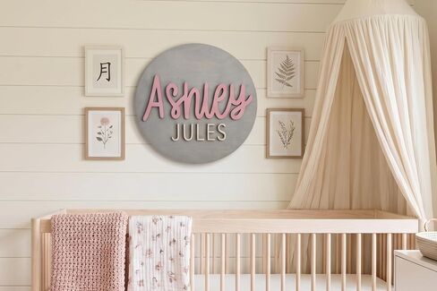 Round Name Sign for Nursery, Baby Name Sign, Wooden Name Plaque for Kids Room Decor, Round 3D Nursery Wall Art, 30 Font Colors, Various Wood Stains, Custom Fonts in Kuwait