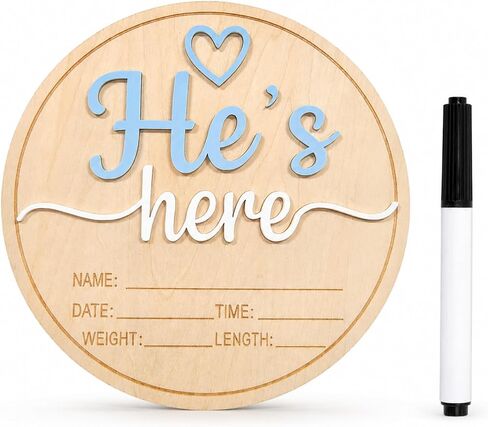 Baby Announcement Sign, Wooden He's here Newborn Signs, ​5.9 Inch Birth Announcement Sign, Gender Reveal Signs, He's here Decoration, Welcome Newborn Arrival To World in Kuwait