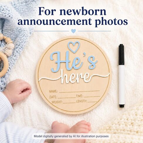 Baby Announcement Sign, Wooden He's here Newborn Signs, ​5.9 Inch Birth Announcement Sign, Gender Reveal Signs, He's here Decoration, Welcome Newborn Arrival To World in Kuwait