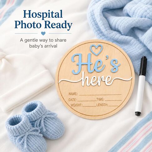 Baby Announcement Sign, Wooden He's here Newborn Signs, ​5.9 Inch Birth Announcement Sign, Gender Reveal Signs, He's here Decoration, Welcome Newborn Arrival To World in Kuwait