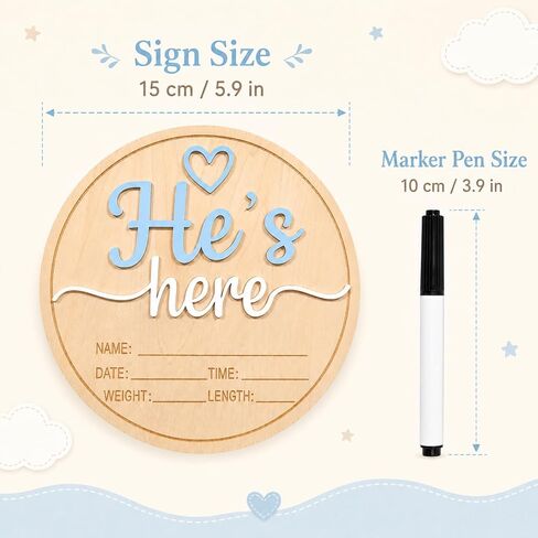 Baby Announcement Sign, Wooden He's here Newborn Signs, ​5.9 Inch Birth Announcement Sign, Gender Reveal Signs, He's here Decoration, Welcome Newborn Arrival To World in Kuwait