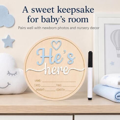 Baby Announcement Sign, Wooden He's here Newborn Signs, ​5.9 Inch Birth Announcement Sign, Gender Reveal Signs, He's here Decoration, Welcome Newborn Arrival To World in Kuwait
