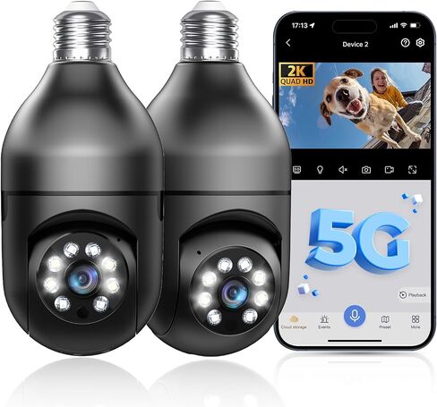 Light Bulb Security Camera 5G/2.4GHz WiFi 2K Lightbulb Security Cameras Wireless Outdoor, 360 Screw in Sight Bulb Motion Detection Siren Alarm Light Socket Camera 2-Way Audio Color Night Vision in Kuwait