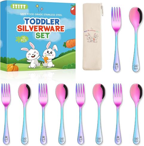 10 Pieces Stainless Steel Toddler Utensils Set - Food Grade Kids Silverware Set Children Safe Small Forks and Spoons Mirror Polished Sturdy and Durable Dishwasher Safe in Kuwait
