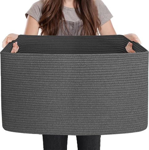 Extra Large Basket for Blankets, 23.6" x 17" x 12" Black Blanket Storage for Living Room, Big Cotton Rope Pillow Holder, Rectangle Kid Dog Toy Bin Box, Woven Laundry Basket, Shoe Bin Entryway in Kuwait