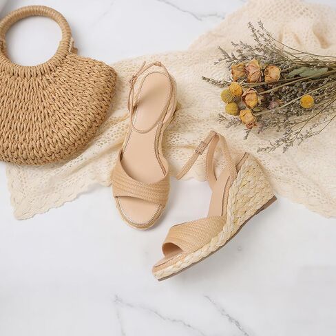 Marc Ford Wedge Sandals For Women Summer Raffia Espadrille Platform Ankle Strap Wedges Comfortable Sandals Stylish Open Toe Beach Casual Raffia Wedges Heels 3" in Kuwait