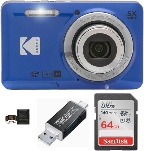 KODAK PIXPRO FZ55 Digital Camera Bundle, Includes: SanDisk 64GB SDXC Memory Card, SD Card Reader Compatible with Computers and Smartphones and Memory Card Wallet (4 Items) (Red) in Kuwait