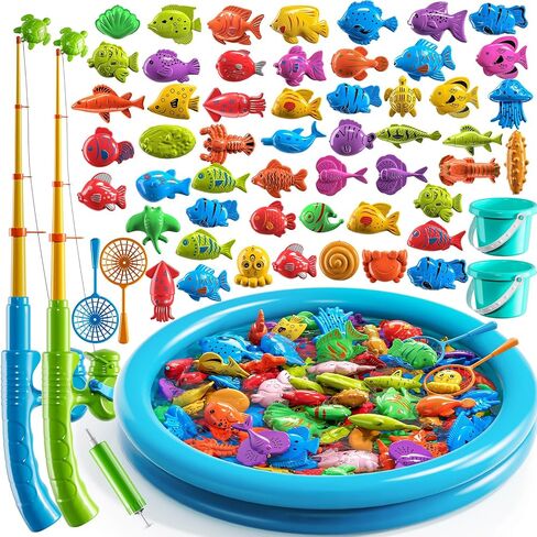 TEMI Fishing Toy Game for Kids, 51 Fish Bath Playset for Toddlers | Toy Magnetic Rod and Fishing Net, Outdoor Water Toys for kids Age 3-5, Party and Holiday Gift for Boy and Girl in Kuwait