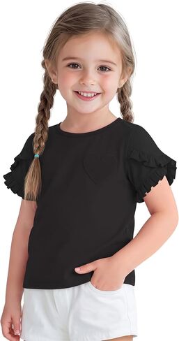 Toddler Girls' Embroidered Heart Ruffle Tees | Ruffle Sleeve, Heart Pocket, Soft Cotton Fabric, Summer Tees, Cute Casual Clothes, Preschool, Daily Wear, Playwear in Kuwait